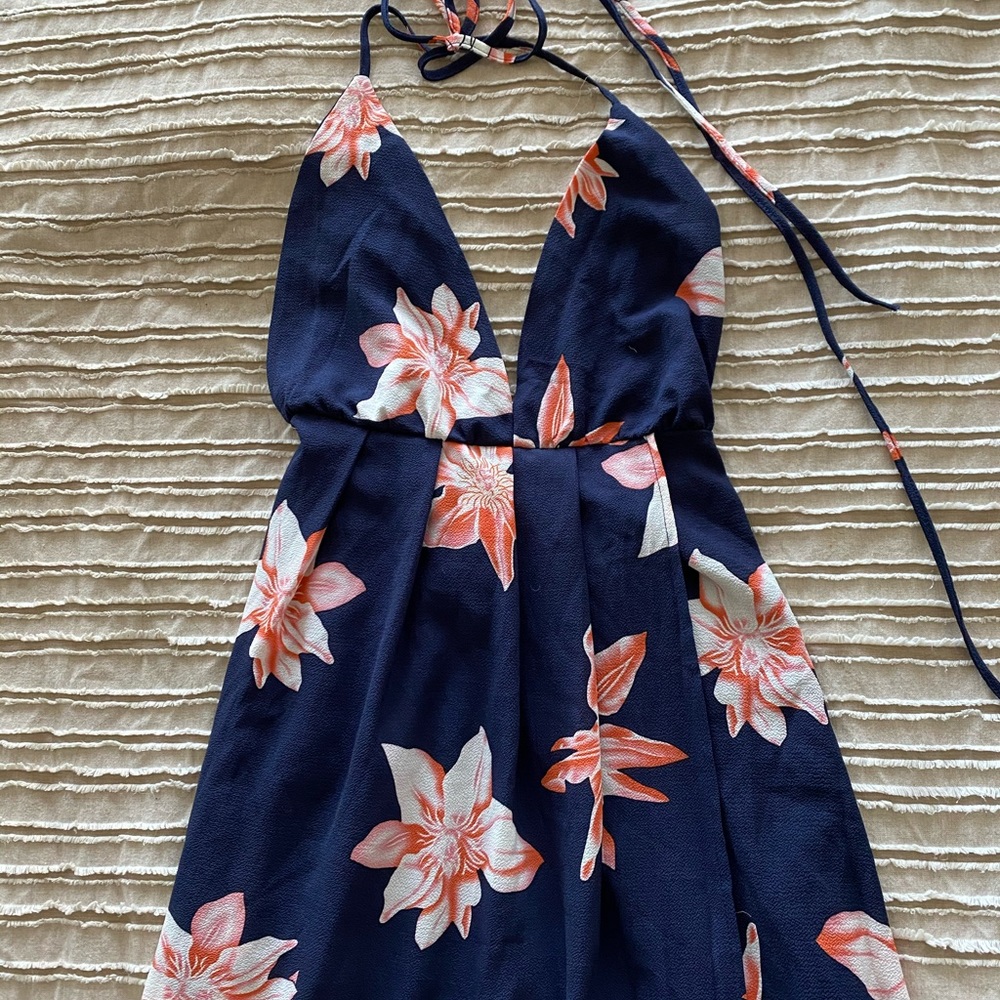 Navy blue maxi dress with flowers.